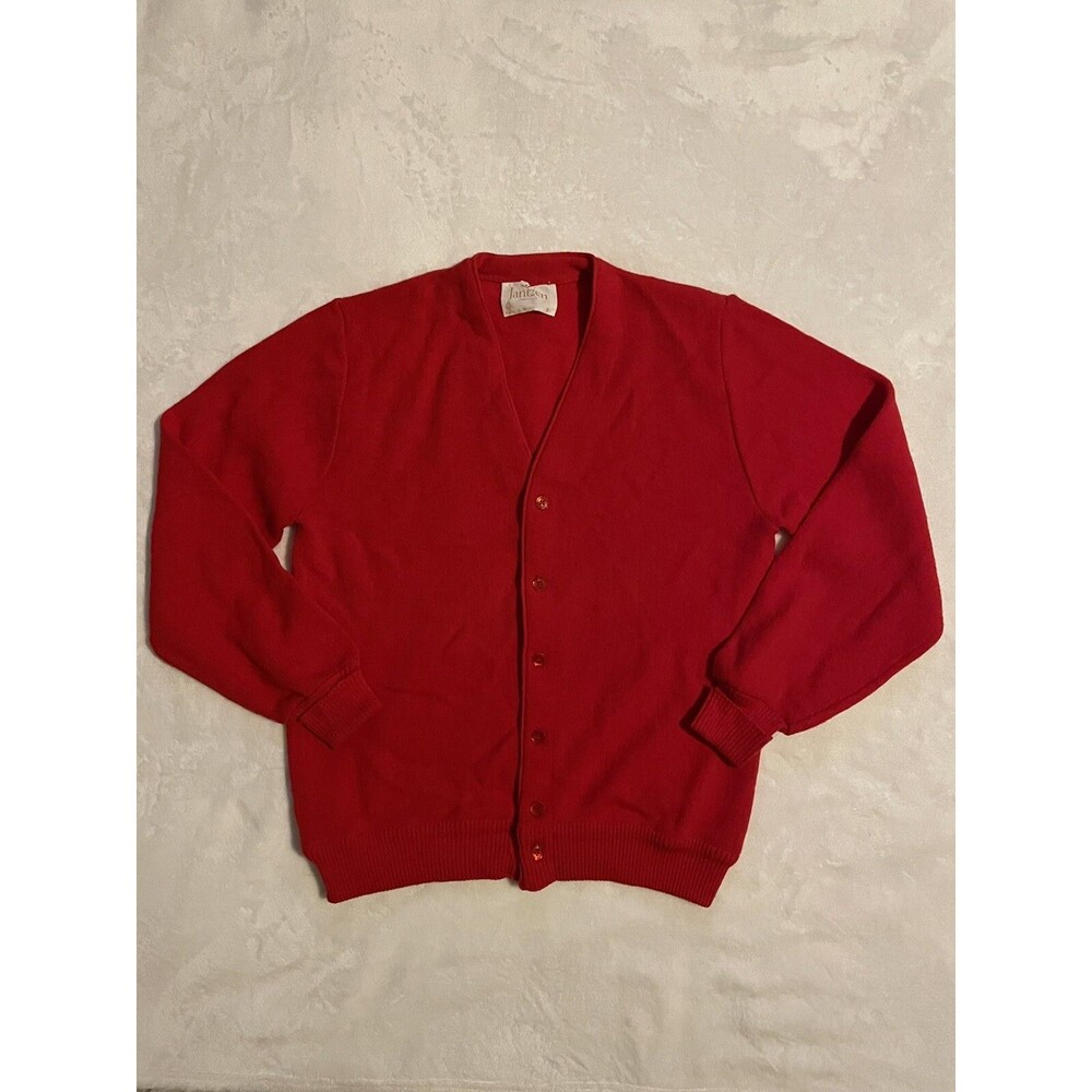 Vintage Jantzen Cardigan Size Medium Mens Red Knit Sweater Pure Wool Made In USA